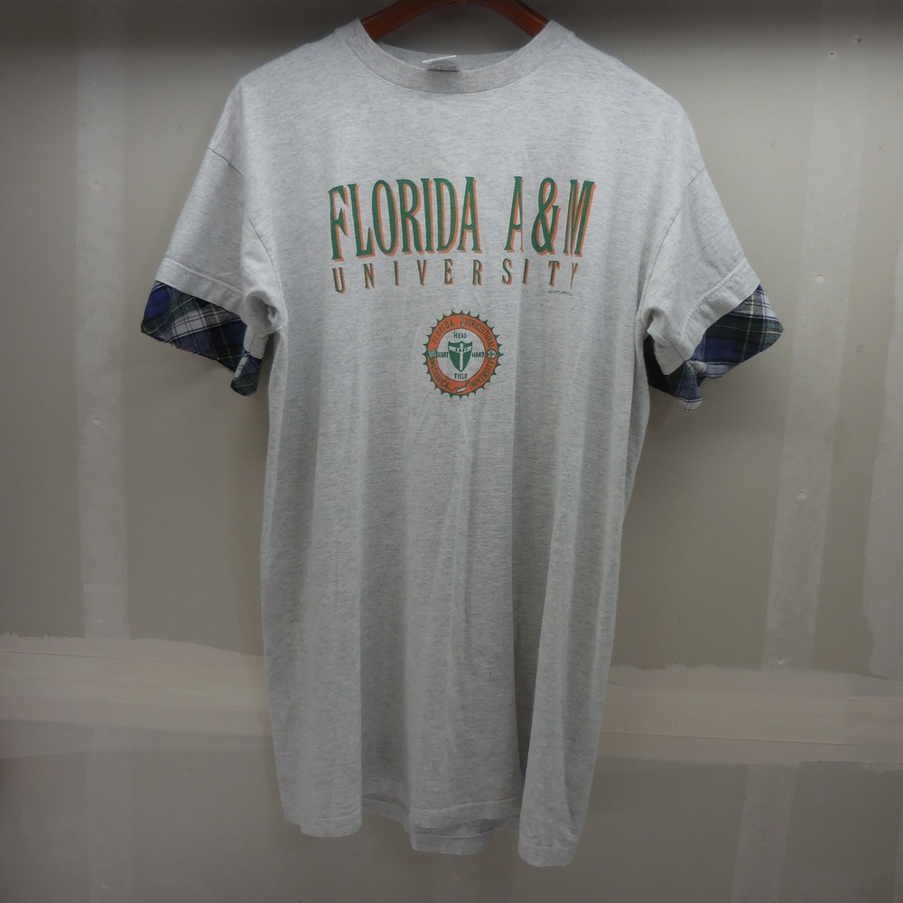 Vintage Florida A&M University FAMU T-Shirt Plaid Sleeve Heartland Apparel Grey